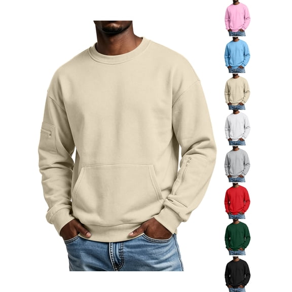 Sweatshirts for Men Zaewscy Men's Winter Casual Fashion Solid Color Round Neck Zipper Multi Pocket Sweatshirt Top Khaki L