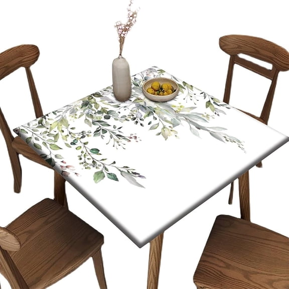 Sage Green Eucalyptus Elastic Fitted Tablecloth, Leaves Floral Wipeable Square Table Cover, for Indoor Holiday Family Banquet and Outdoor Patio Use, Fits to 36 x 36 in Table