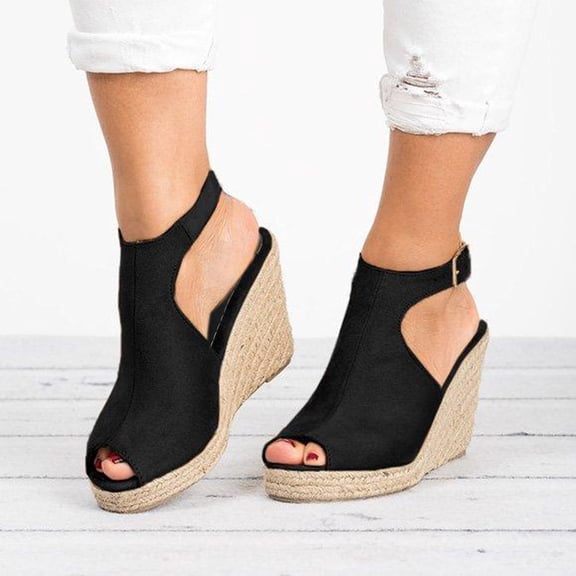 Women's Espadrille Wedge Sandals, Open Toe Ankle Strap Platform Heels, Casual Summer Shoes for Beach, Vacation, Daily Wear Black 35