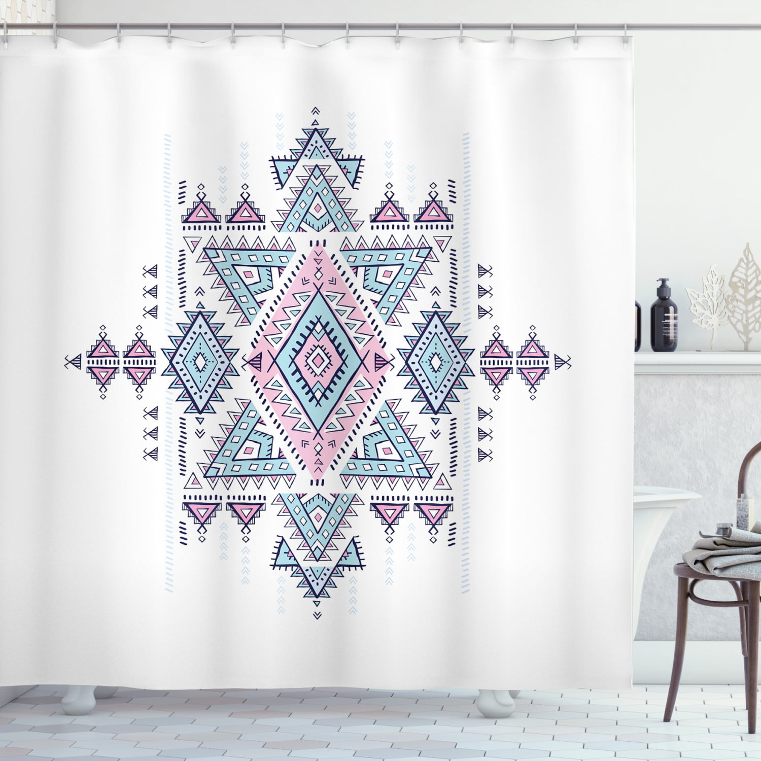 Aztec Shower Curtain, Geometric Pattern Folk Style Tattoo Inspired Design,  Fabric Bathroom Set with Hooks, 69W X 84L Inches Extra Long, Baby Blue Pale  Pink White Dark Violet Blue, by Ambesonne -