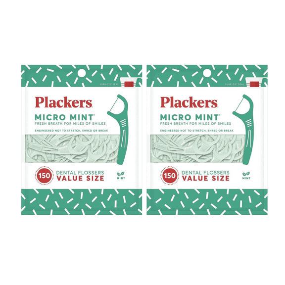 Plackers Micro Mint Dental Flossers, Fresh Mint Flavor, Fold-Out Toothpick, Super Tuffloss, Easy Storage with Sure-Zip Seal, 150 Count Pack of 2