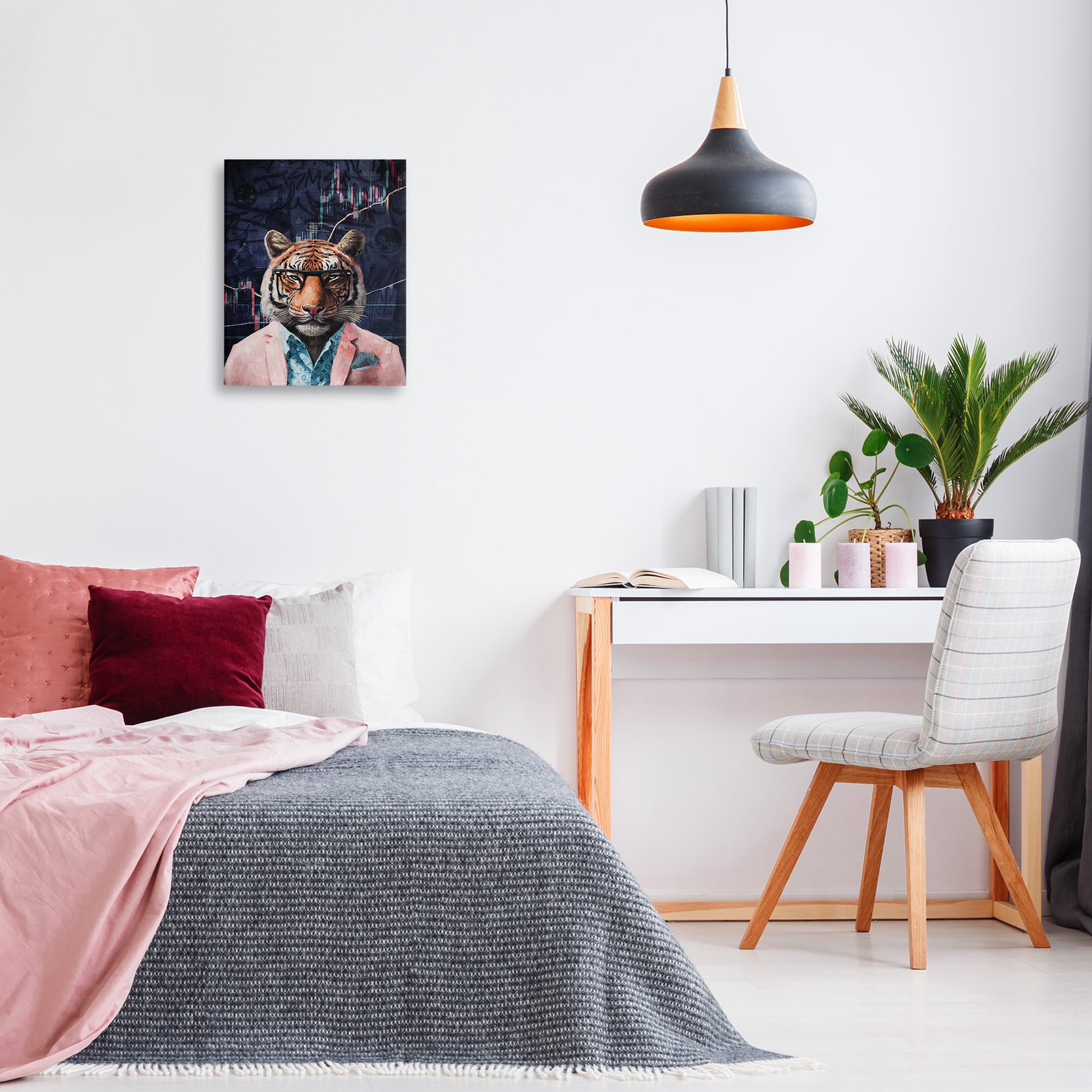 Stupell Industries Trendy Tiger on Abstract Animals Painting Wrapped Canvas Art Print Wall Art, 16 x 20