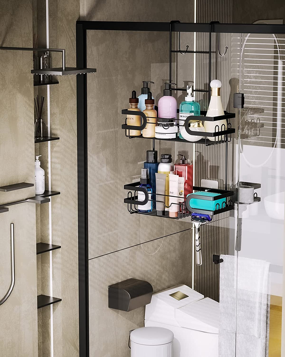 HapiRm Shower Caddy over Shower Head, Rustproof & Waterproof Shower Shelf  with 4 Movable Hooks, No Drilling Black Shower Rack Hanging for Bathroom,2-Shelves,Steel  