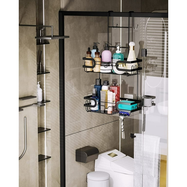 Hanging Shower Caddy with 14 Hooks and Soap Holder, No Drilling