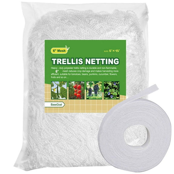 White Polyester Trellis Netting for Plants, Heavy Duty Garden Mesh Support for Vine Vegetables Fruits Flowers Hydroponics, All Weather Durable, 5ft x 15ft