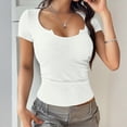 thumbnail image 2 of Short Sleeve Ribbed Knit Bodysuit for Women Scoop Neck Slim Fit Stretchy One Piece Top with Notched Detail White L, 2 of 5