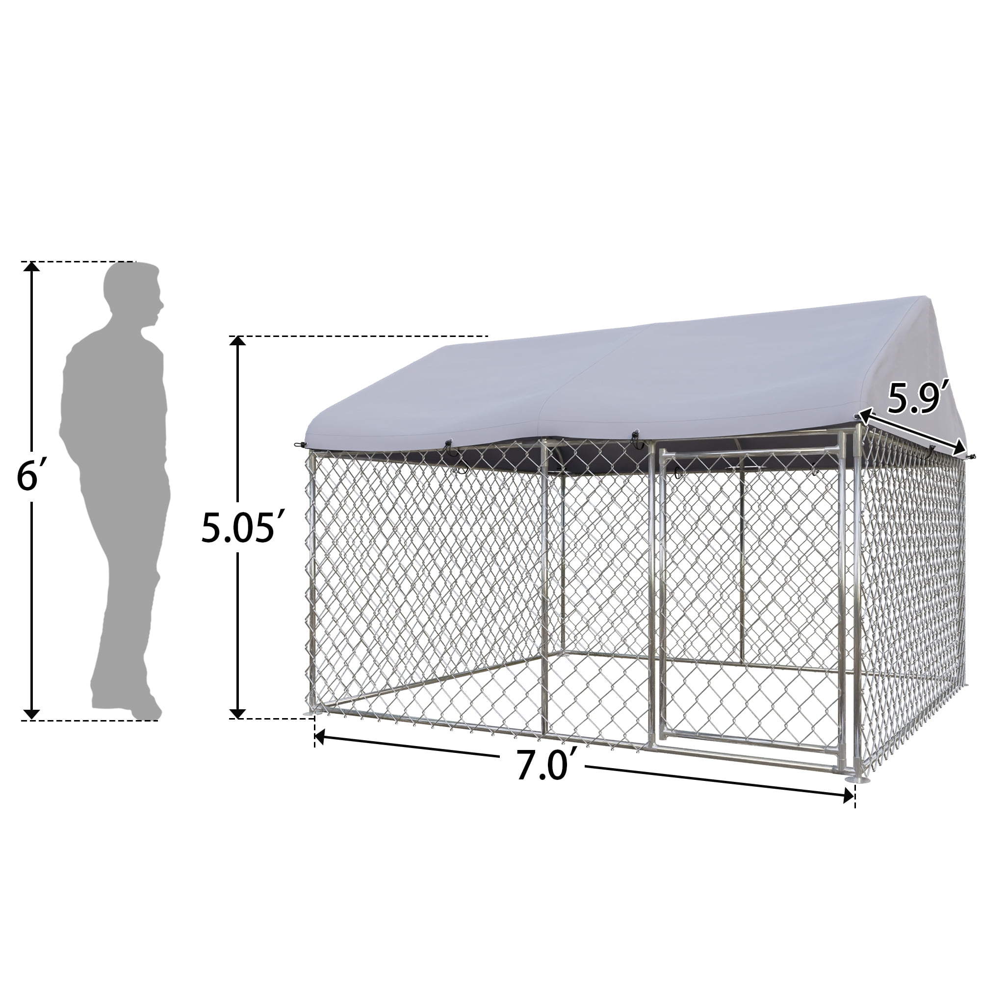 EUNHOO Outdoor Dog Kennel,7'L x 5.9'W x 5.05'H Large Dog Fence Outside with Roof, Metal Wire Dog House for Yard, Dog Enclosure for Big Dog Run