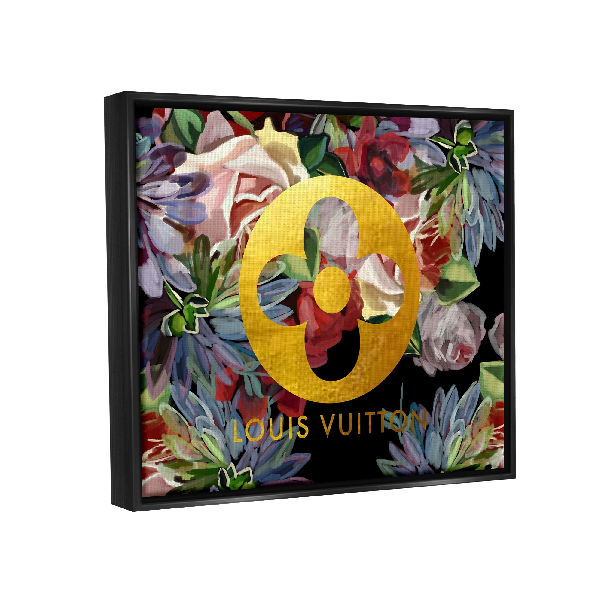 Stupell Industries Floral Glam Fashion Logo Botanical & Floral Painting Black Floater Framed Canvas Art Print Wall Art, 21 x 17
