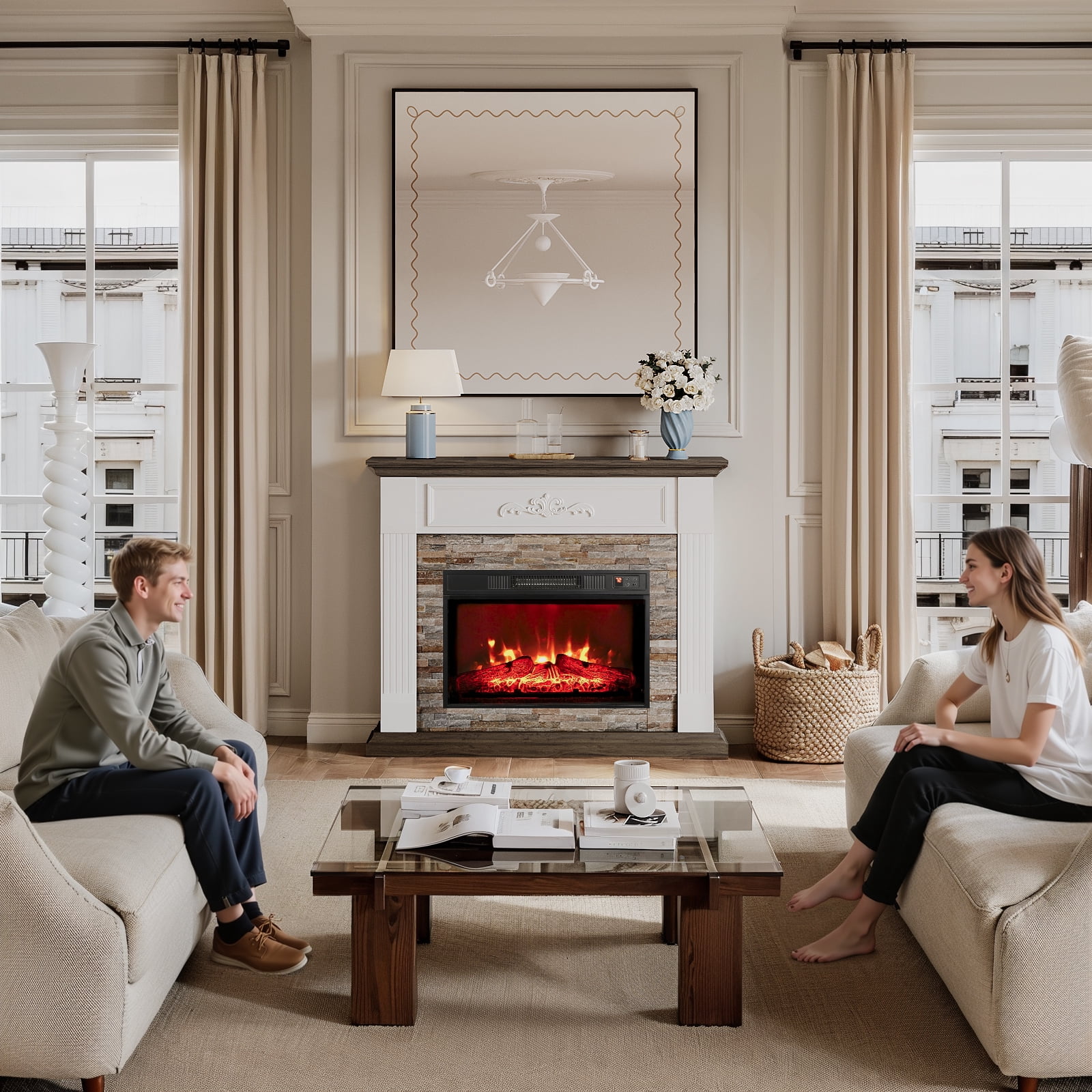 44"L Electric Fireplace Mantel Wooden Surround Firebox, Free Standing Fireplace, with Remote Control, Adjustable LED Flame