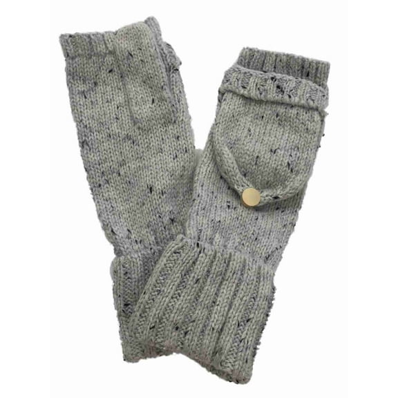 Womens Soft Gray Speckle Cuffed Knit Fingerless Flip Top Convertible Gloves