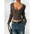 thumbnail image 4 of Women Deep V Neck Knitted Crop Sweater Top Casual Solid Slim Fit Long Sleeve Ribbed Pullover Jumper Tops Brown XS, 4 of 9