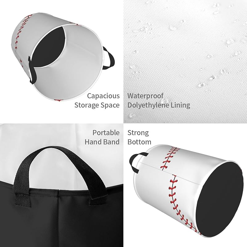 Baseball Texture Laundry Hamper Bag With Waterproof Liner - Round Laundry Basket Foldable Clothes Storage Organizer For Bathroom Bedroom Nursery Dorm