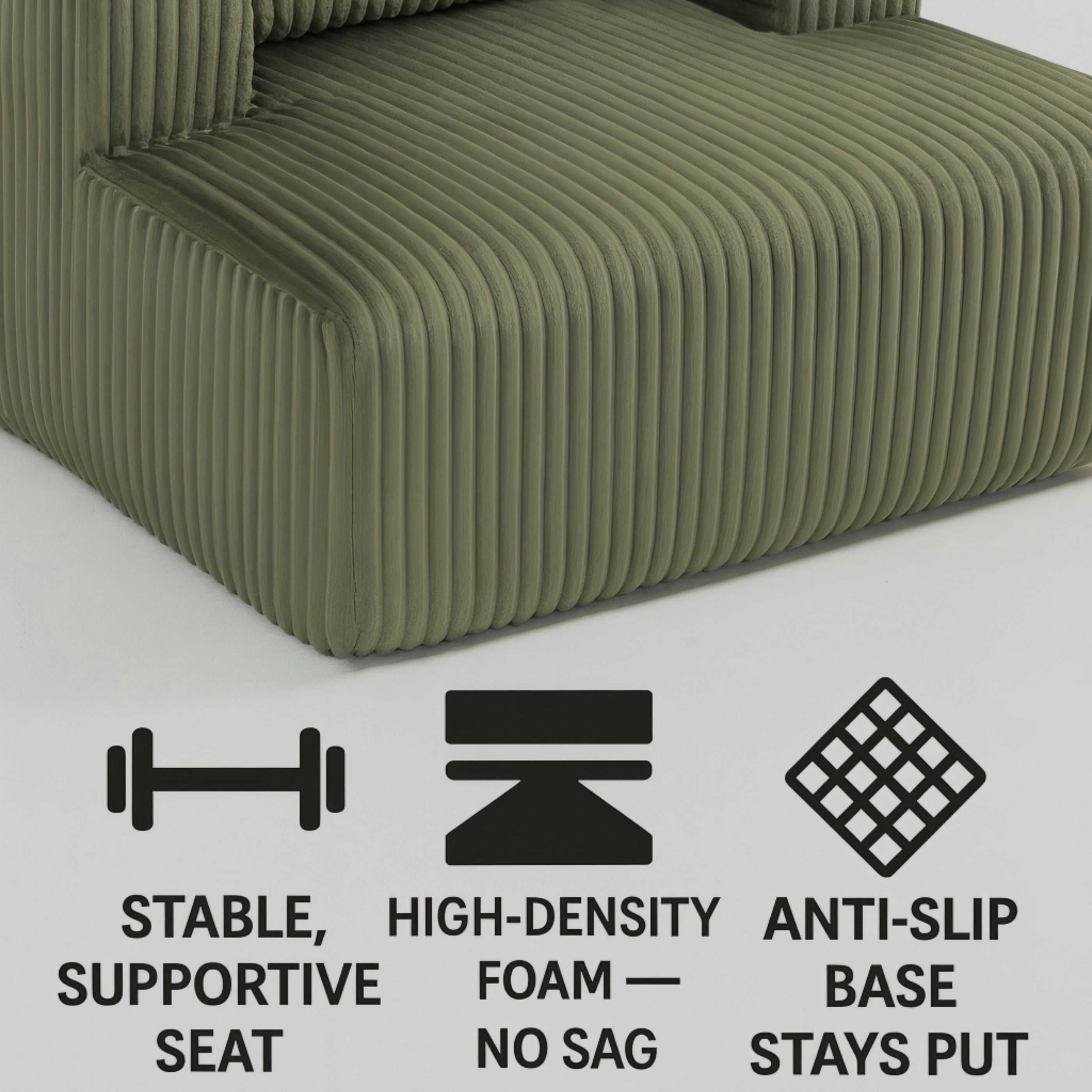 Miniyam Oversized Corduroy Chaise Lounge Sofa, Deep Seat Plush Couch with Pillows, Upholstered Floor Sofa, No Assembly for Living Room Bedroom, Green