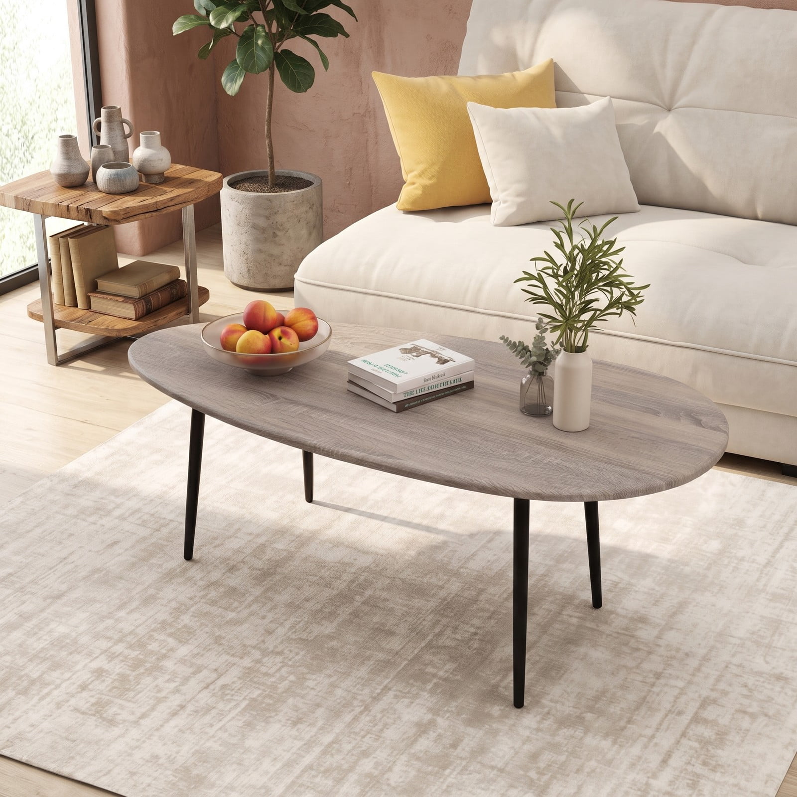 Furnibear Oval Coffee Table Mid Century Center Table with Sturdy Metal Frame, Open Storage Shelf & Adjustable Foot Pads for Living Room, Hallway & Lounge, Gray