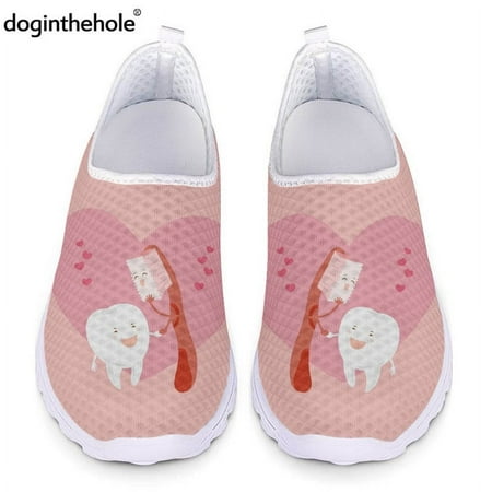 

Cute Cartoon Teeth Women Flat Shoe Funny Dental Breathable Sneaker Ladies Lightweight Toothbrush Print Pink Loafers