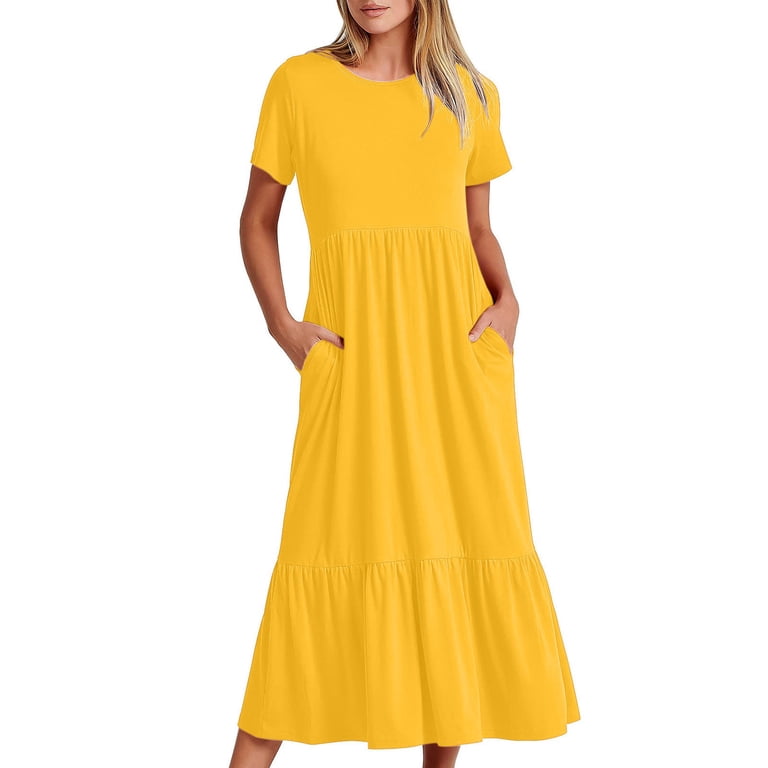 Womens Short Sleeve Ruffle Hem Long Dress with Pockets Casual Summer Lounge Crew Neck Flowy Tiered Maxi Dress (Large, Yellow)