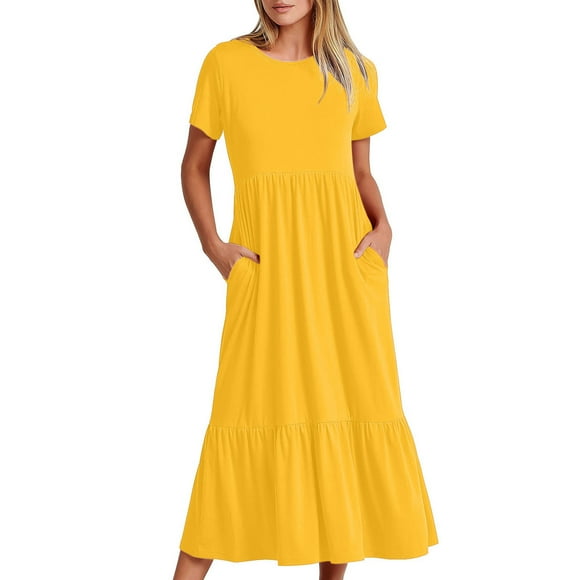 Meichang Womens Casual Summer Dress Pleated Flowy Solid Color Dresses with Pockets Ruffle Hem Sundress Tunic Stretch Crewneck Short Sleeve Maxi Dress