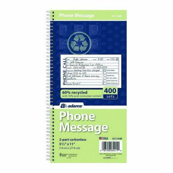 Wirebound Telephone Message Book, Two-Part Carbonless, 4.75 X 2.75, 4 Forms/sheet, 400 Forms Total | Bundle of 2