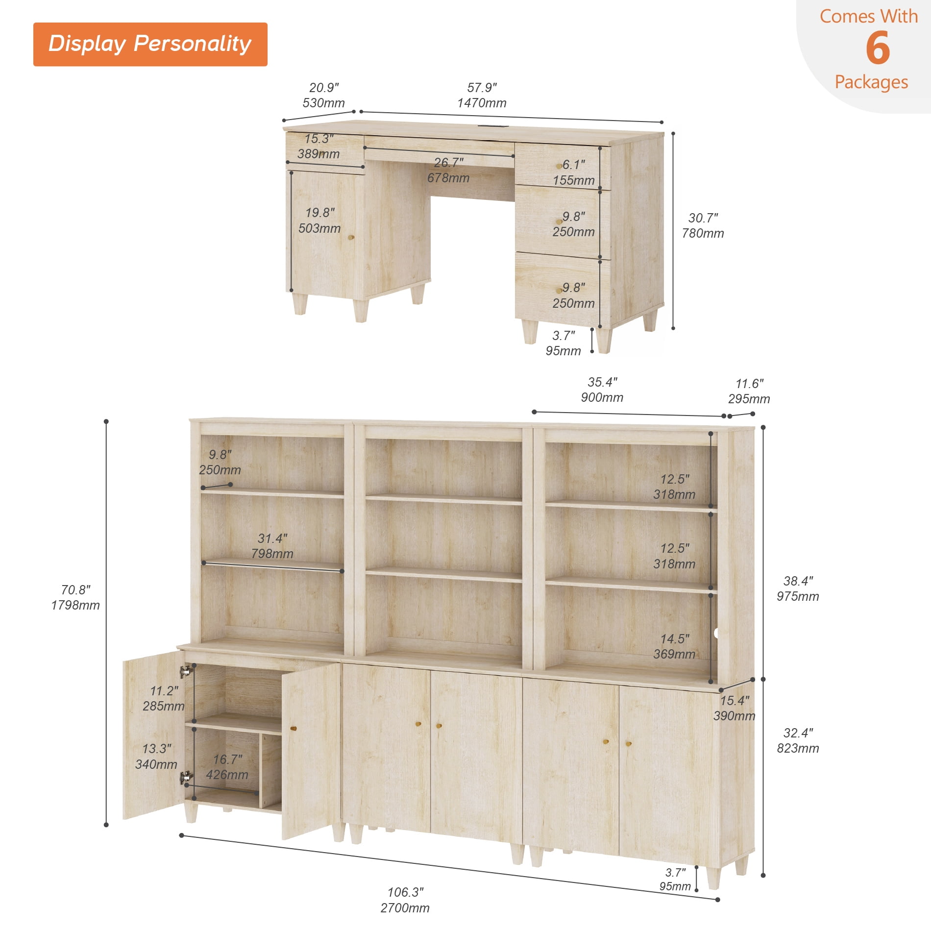 WAMPAT Home Office Furniture Set, 58" Executive Desk with Charging Station and Cabinet, 3-Column 71" Tall Bookcase with Doors and Adjustable Shelves for Living Room,Natural Oak