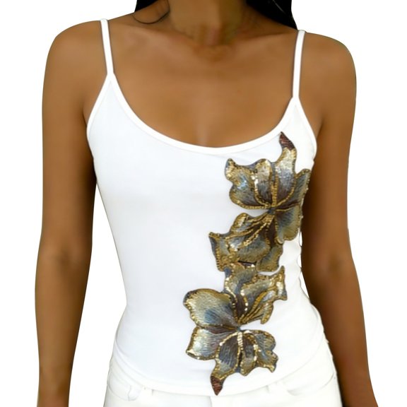 Tank Tops for Women Black Spaghetti Strap Silver Sequin Club Camisoles