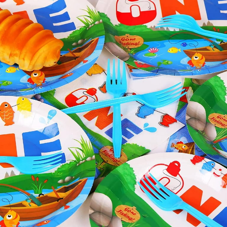 96pcs Gone Fishing 1st Birthday Party Supplies for 24 Guests, Little  Fisherman Plates Napkins Tableware Set Disposable Fishing One Birthday