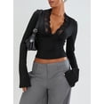 thumbnail image 3 of Elippeo Women's Fall Tops Slim Lace Trim Deep V Neck Bell Sleeve Crop Shirt Casual Streetwear, 3 of 8