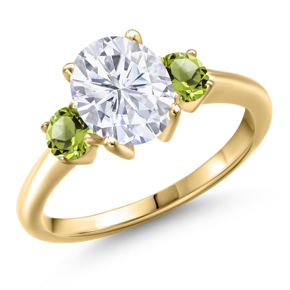 Gem Stone King 10K Yellow Gold White Moissanite and Green Peridot Engagement Ring for Women | 2.70 Cttw | Oval 9X7MM | Gemstone Birthstone | Size 7