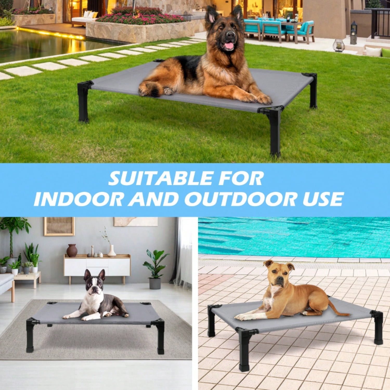 NTGFU Cooling Elevated Dog Bed, Raised Dog Bed with Washable Breathable Mesh and Metal Frame, Portable Dog Cot Bed with No-Slip Feet for Outdoor and Indoor Use-Grey-35'' x 25'' x 7.5''