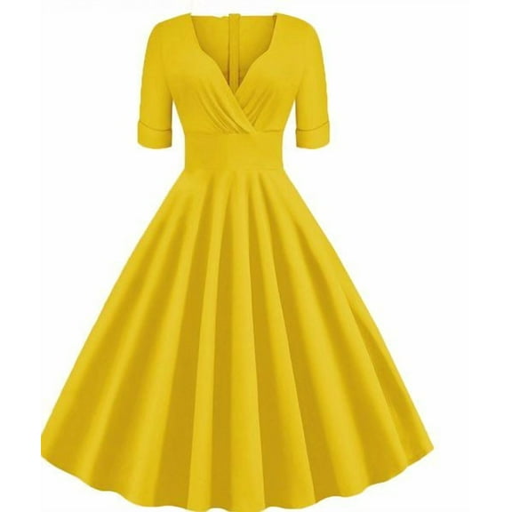 Women Evening Party Dress, Women's Short Sleeve V-Neck Solid Color Retro High Waist Makings Dress Black S"