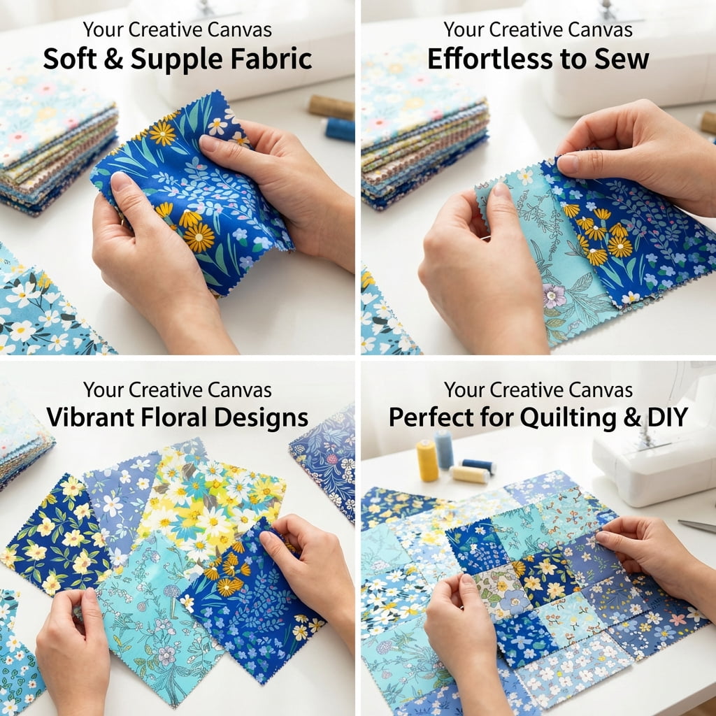iMzoon 42Pcs 10" Wavy Edge Fabric Squares,Cotton Fat Quarters Bundles for Quilting Supplies,Denim Floral Precuts,Sewing Material & Color Draping Kit Swatches in Retro Print