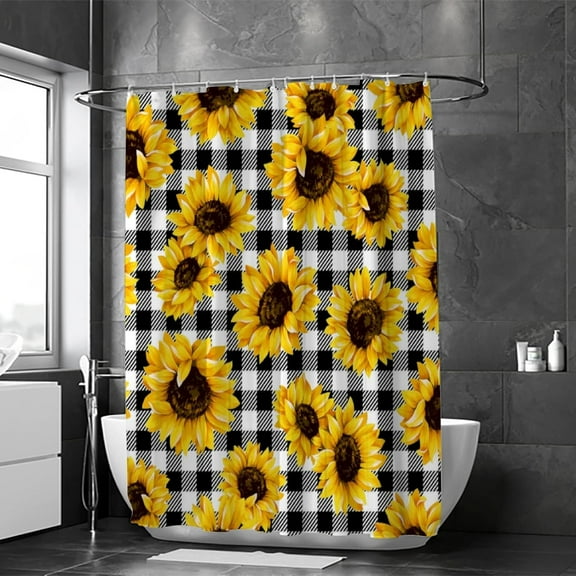 Yellow Sunflower Shower Curtain with Hooks Buffalo Check Waterproof Polyester Bath Curtain Sets for Shower Bathroom Decor, Black and White 72 x 72 in