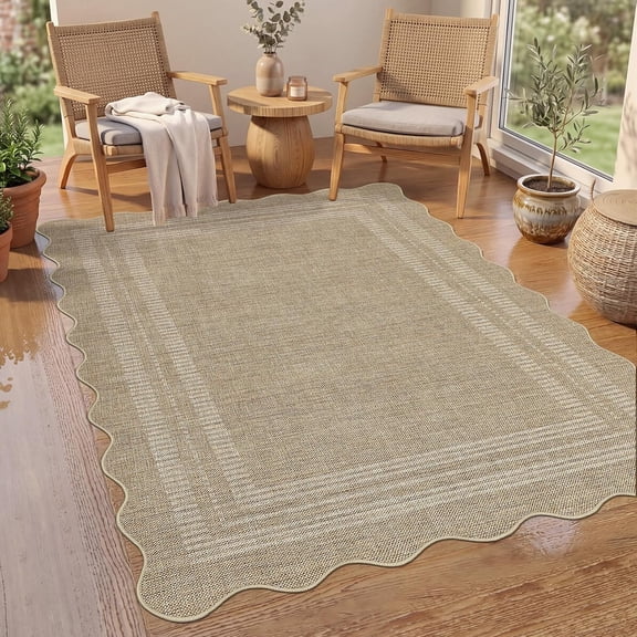 5x7 Washable Area Rug Non Slip Scalloped Entryway Rug Indoor Outdoor Neutral