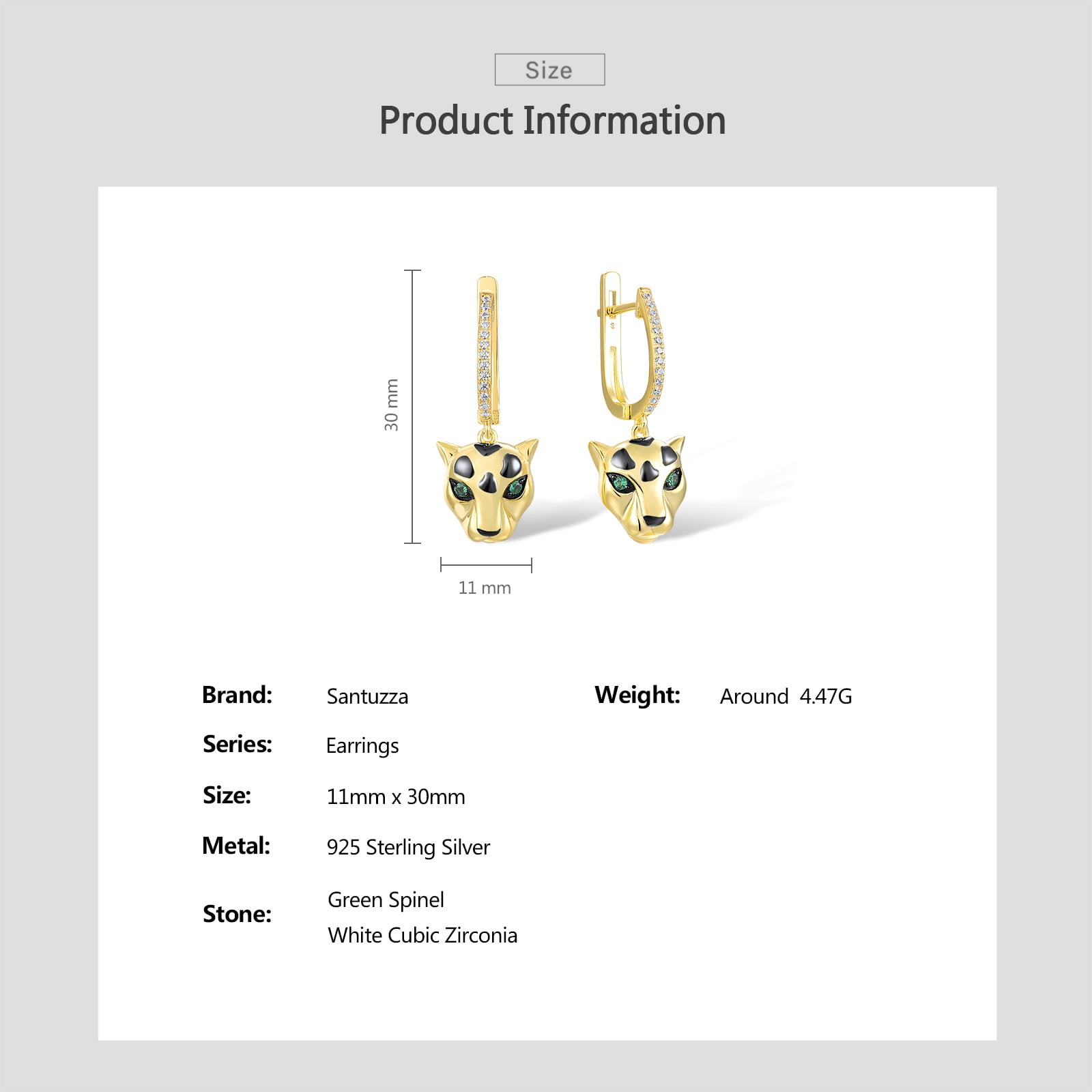 Santuzza Sterling Silver Panther Yellow Gold Plating Earrings Green Spinel Cubic Zirconia Leopard Dangle Earrings for Women