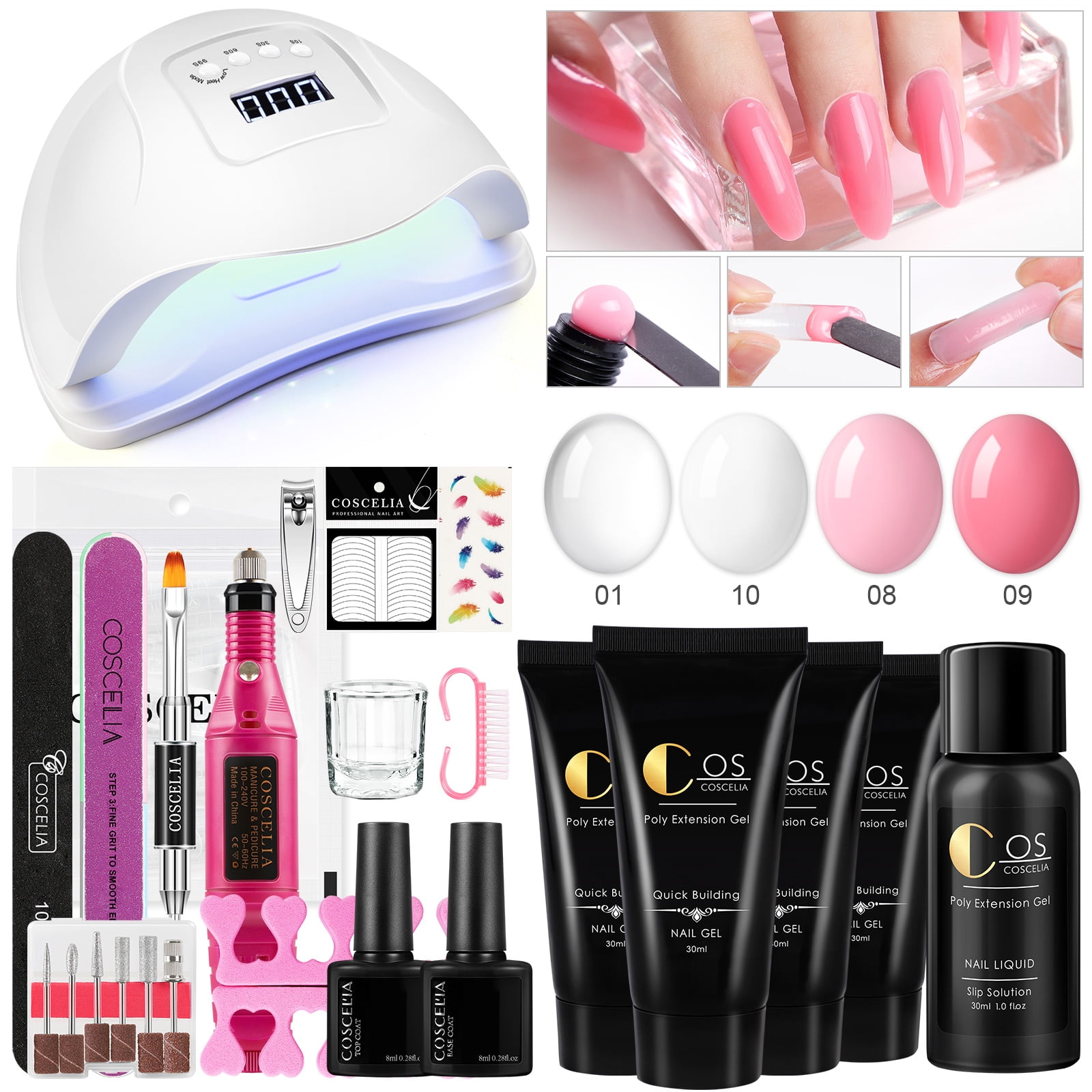 Coscelia Poly Extension Gel Kit with Nail Drill, 4pcs Building Gel, 80W