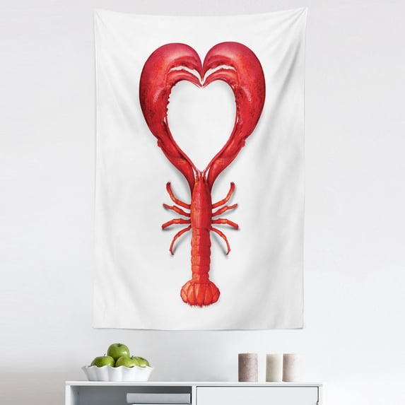 Sea Animals Tapestry, Boiled Lobster Shapeds Heart Fish Dinner Seafood Love Restaurant Menurt, Fabric Wall Hanging Decor for Bedroom Living Room Dorm, 5 Sizes, Red, by Ambesonne