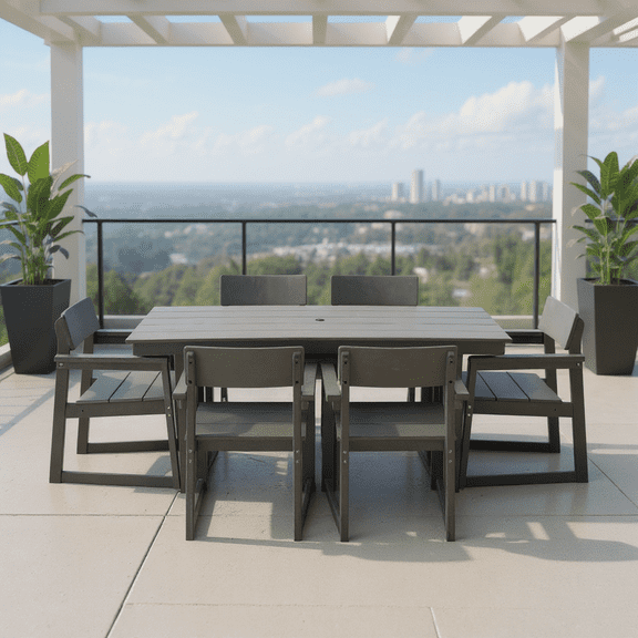 7-Piece HDPE Outdoor Dining Set for 6 | Weather-Resistant Patio Table with Umbrella Hole & 6 Armrest Chairs | Durable Garden Furniture for Backyard, Lawn, Deck, Poolside (Grey) | Modern Style