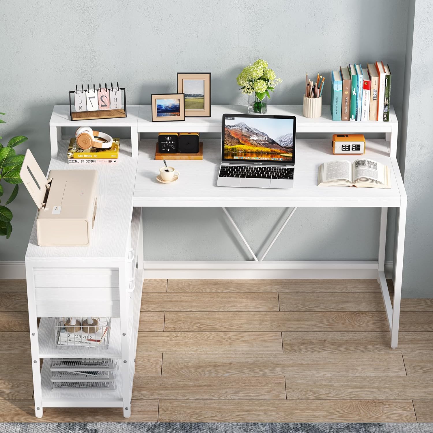 Tribesigns L Shaped Desk with Drawers and Monitor Stand, Reversible Corner Desk with Storage Shelves for Samll Home Office (White)
