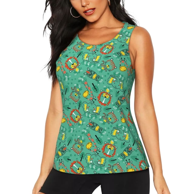 Balery Funny Animals in Jungle Camiseta sin mangas estampada ligera para mujer, tops de entrenamiento sin mangas, camisetas de yoga transpirables de secado rápido.-Large