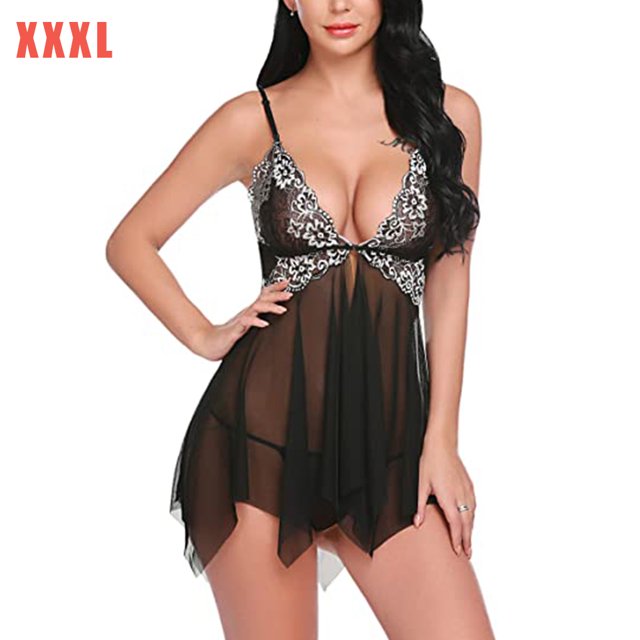 Camisón de perspectiva de vestido de ropa de dormir de encaje floral sexy para mujer, negro, XXXL Guardurnaity XX000215-26