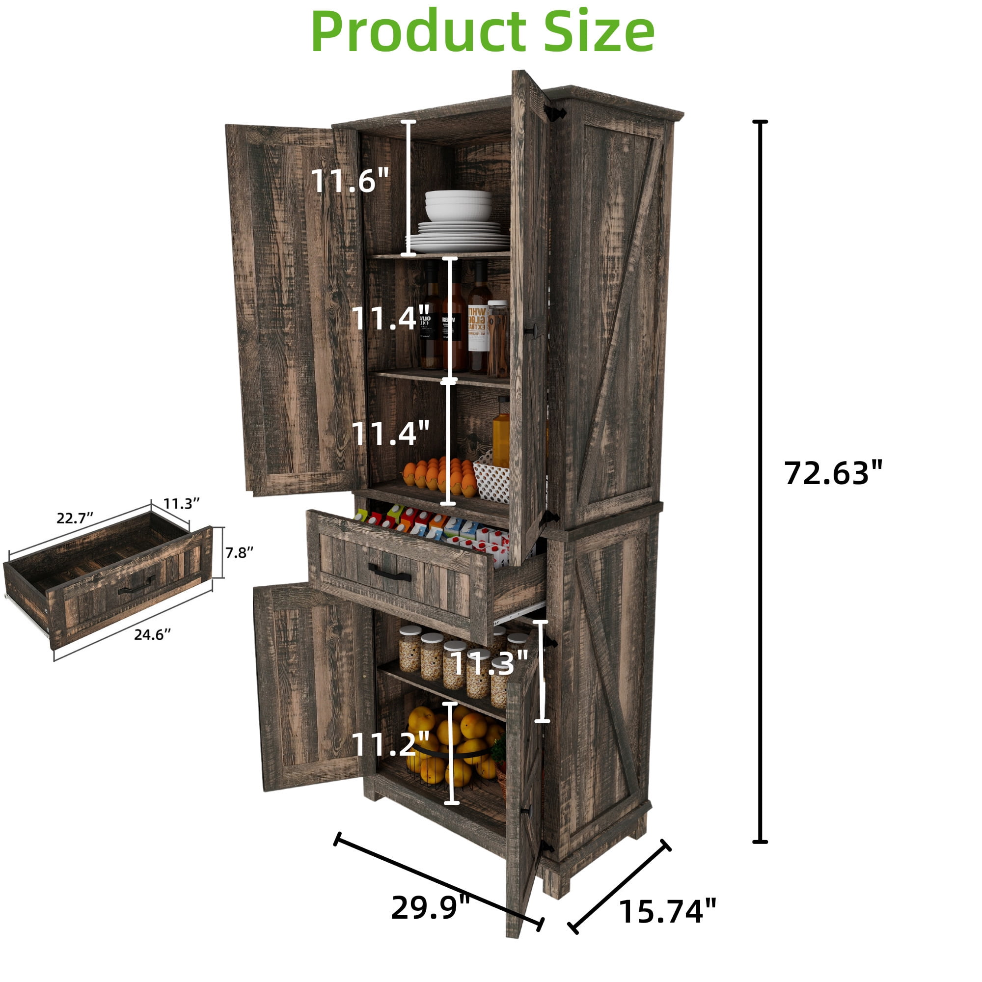 Uforic Kitchen Pantry Storage Cabinet with Doors and Drawer, Dark Oak