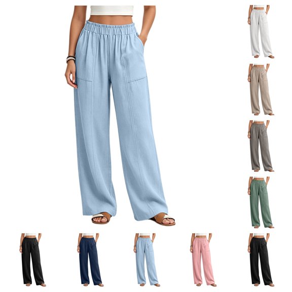 SAWOBUUN Womens Linen Cotton Wide Leg Pants Elastic Waist Trousers Casual Loose Long Pants with Pockets