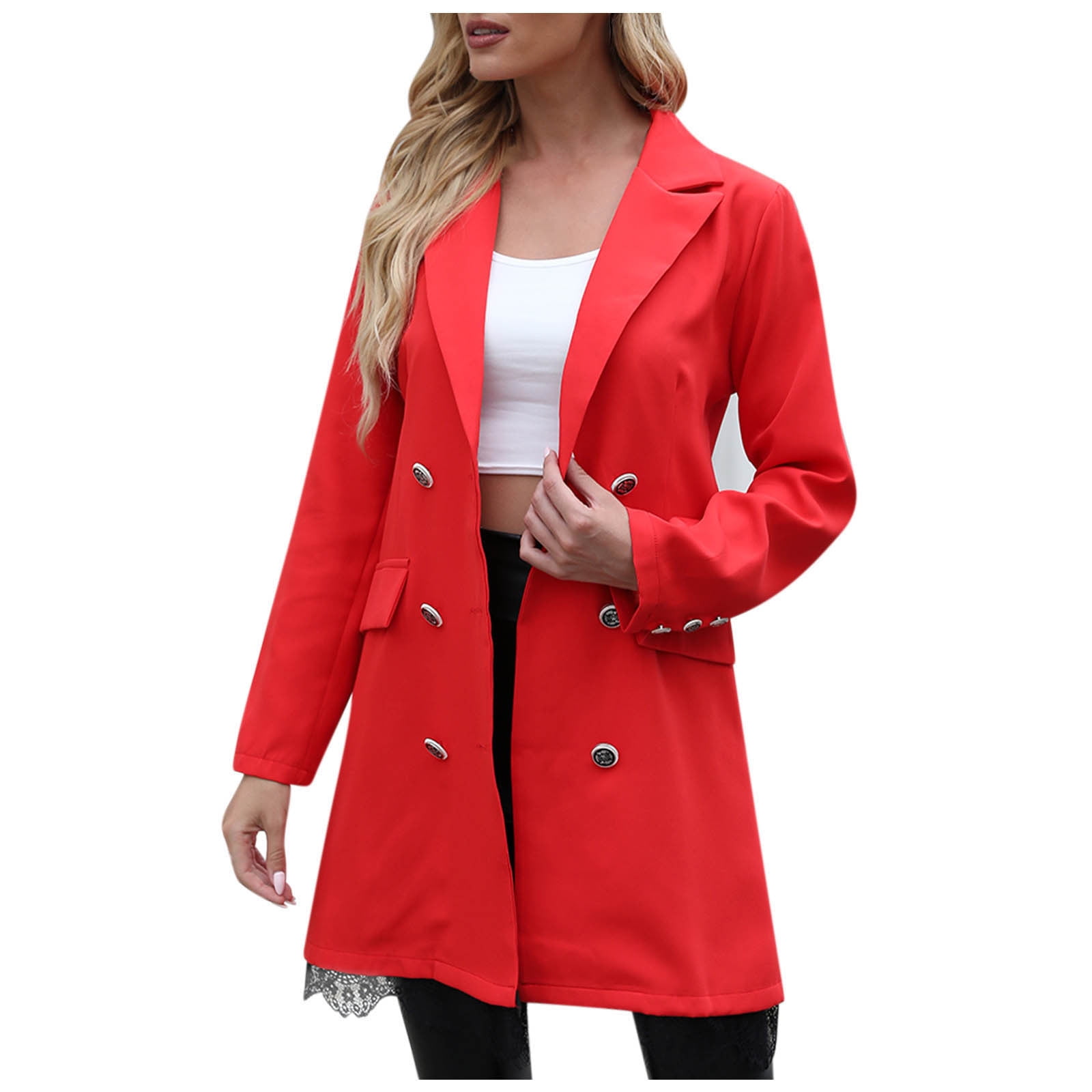SMihono Women's Fashion Midi Blazer Suit Coat Double Breasted Flash Picks  Button Long Sleeve Womens Suit Solid Business Trendy Work Lapel Collar  Office Jacket Buttons Open Front Pocket Red 8 
