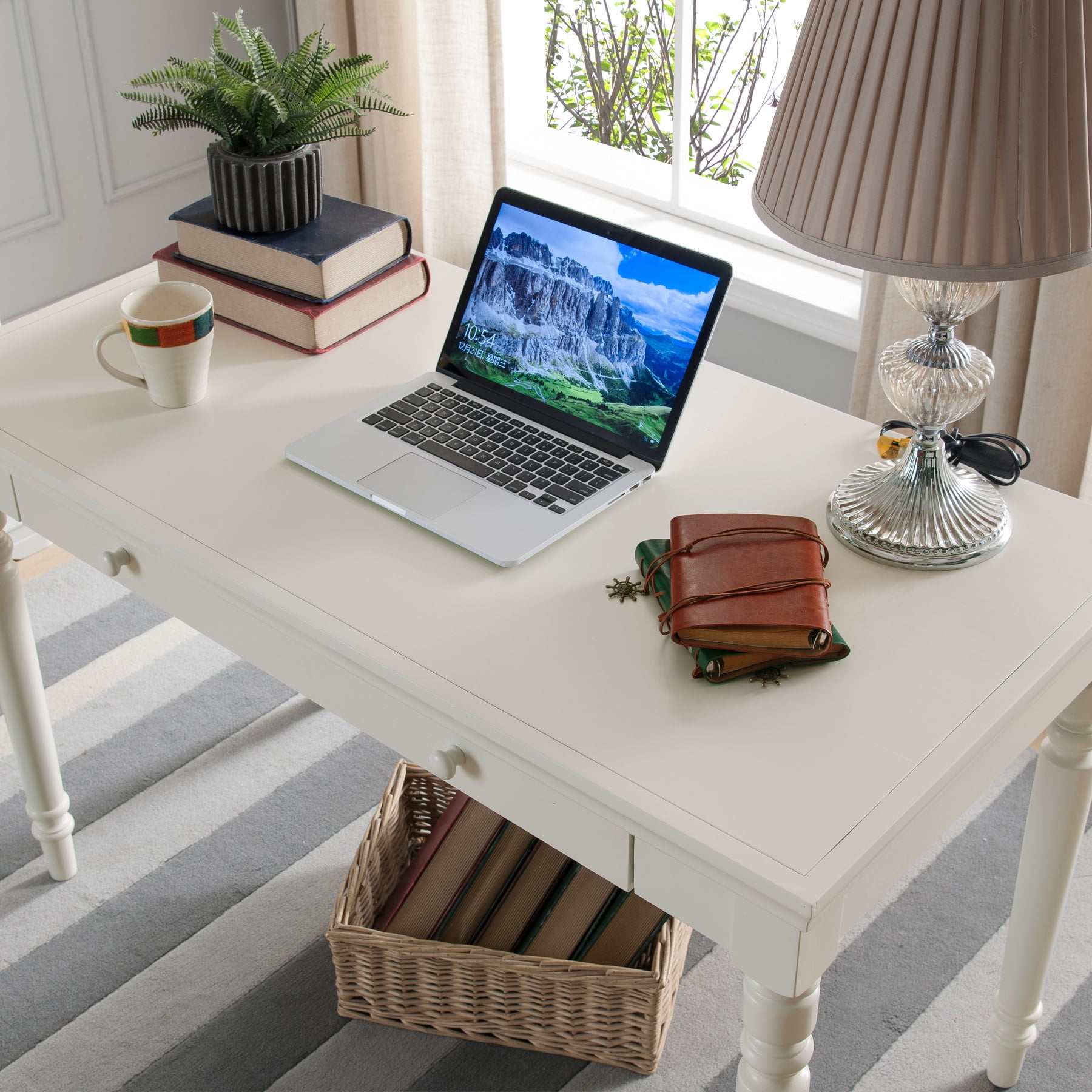 Leick Home Farmhouse Solid Wood Laptop Desk with Drop Front Keyboard Drawer, Cottage White