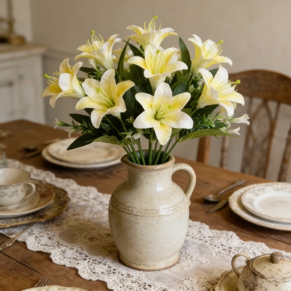 TONGYIJIA Artificial Lilium Flower, Fake Lily Bouquet, Faux Floral Arrangement with Greenery, White Accent Silk Flowers, Home Decor Centerpiece for Living Room