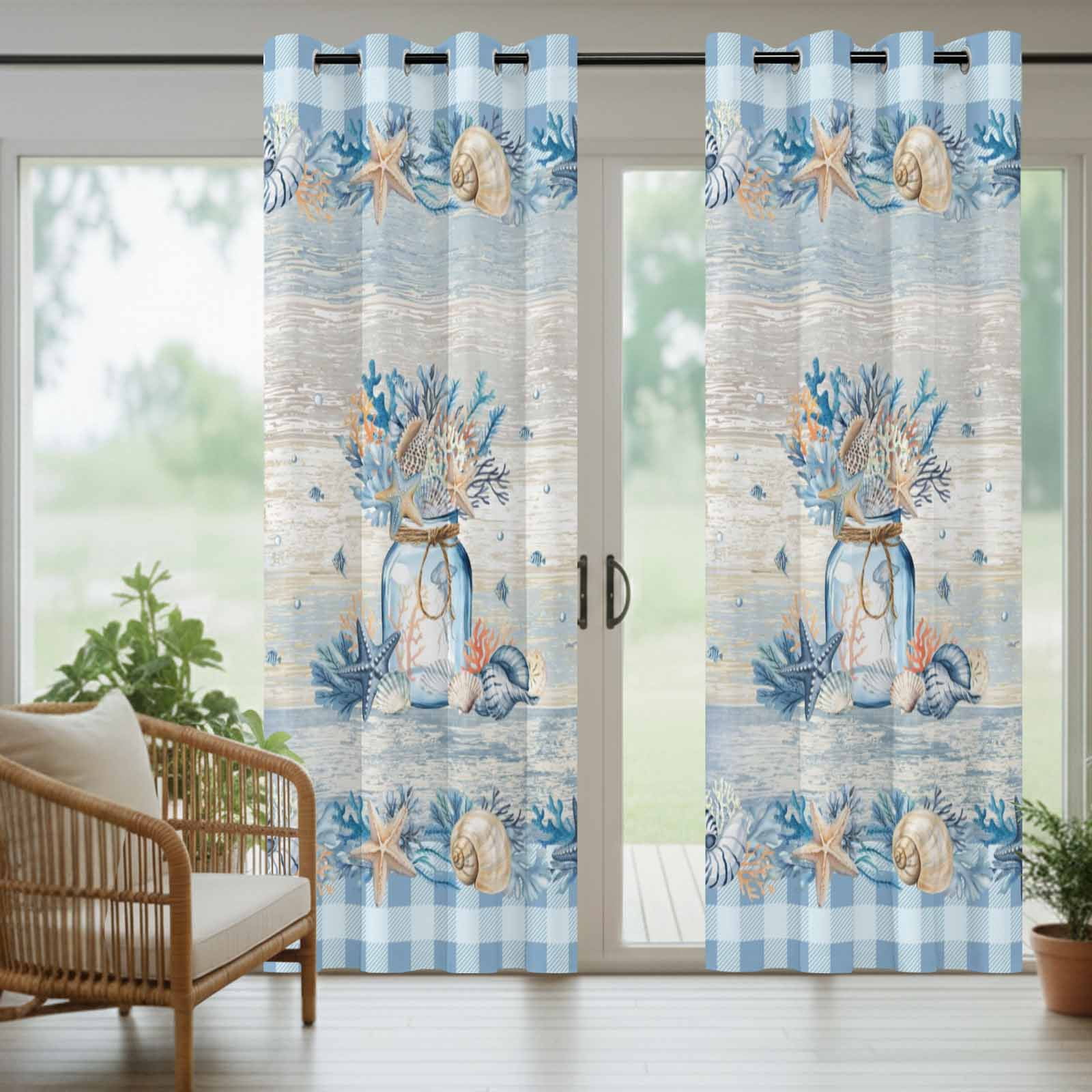 Blue Coastal Outdoor Curtains for Patio, Summer Beach Coral Starfish Vintage Plaid Ocean Sunshade Privacy Drapes Grommet Waterproof Outside Curtains for Porch/Cabana/Balcony 54"x 108", 1 Panel