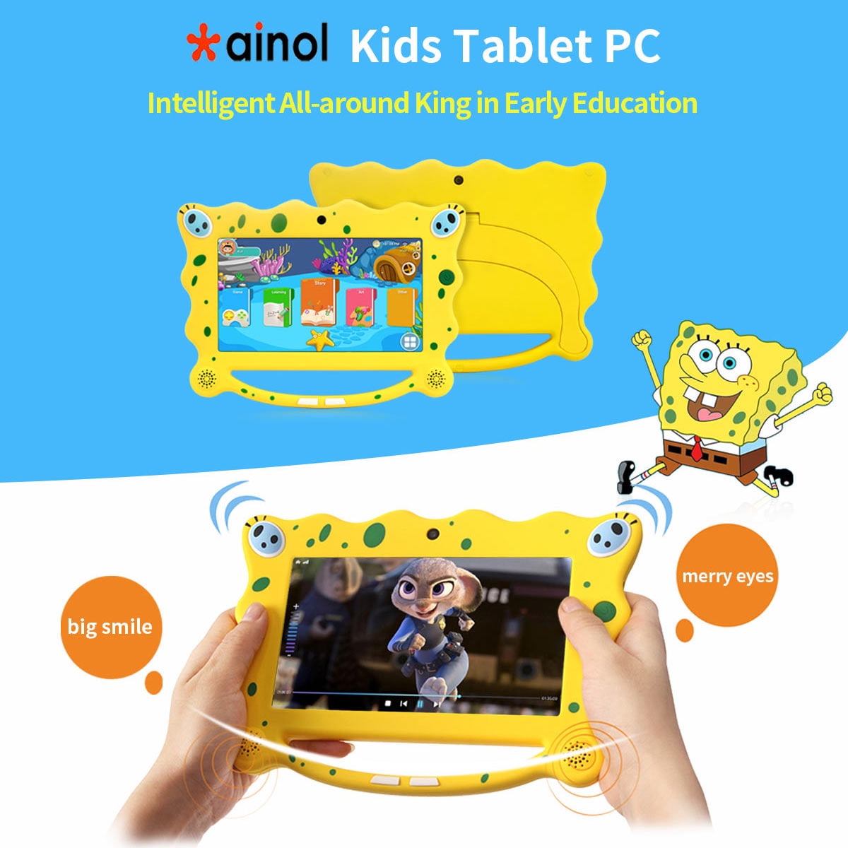 Ainol 7C08- tablet para niños de 7 pulgadas ,Tablet infantil de Android 7.1 RK3126C,regalo para niños, 1GB+8GB con wifi ,doble cámara,tablet de Bob Esponja, juegos educativos Rosa