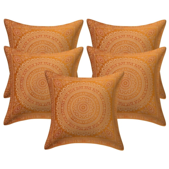 Stylo Culture Ethnic Brocade Living Room Throw Pillow Covers Mustard Yellow 16x16 Traditional Jacquard Weave Gold Couch Cushion Covers 40 x 40 cm Polydupion Silk Mandala Square Pillowcases | Set Of 5