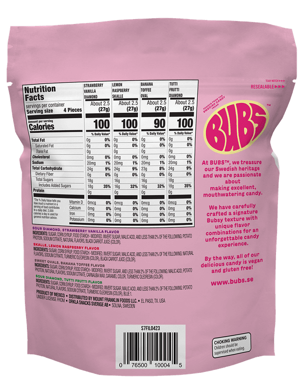 BUBS Swedish Candy Sour and Sweet Gummy Candy Mix, Strawberry Vanilla, Tutti Frutti, Lemon Raspberry, Banana Toffee, Vegan, 10 oz. Gluten Free, Vegan