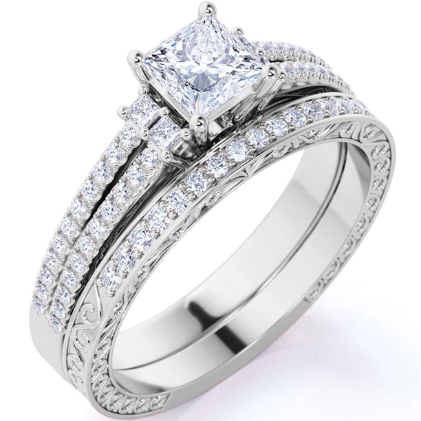 JeenMata Impresionante Anillo de Compromiso de Doble Banda Vintage con Moissanita de Corte Princesa de 1,75 Uds Pavé, Conjunto Nupcial, Oro Blanco de 10 K