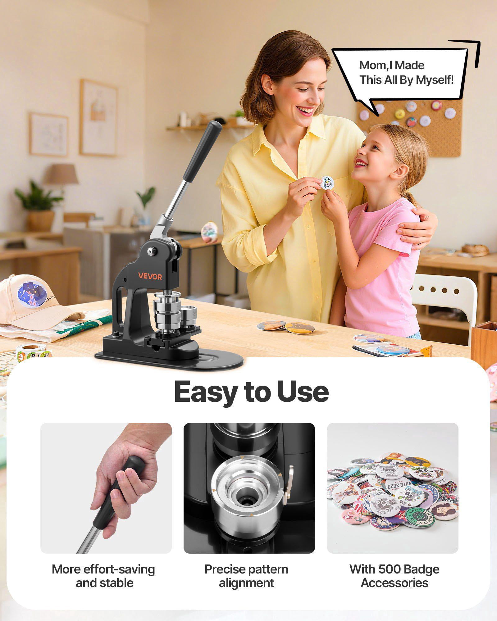 1.25 Inch Button Maker Machine with 500pcs Parts Circle Cutter Hex Wrenches Magic Book Ergonomic Handle for DIY Badges Personalized Pins Keychains Black